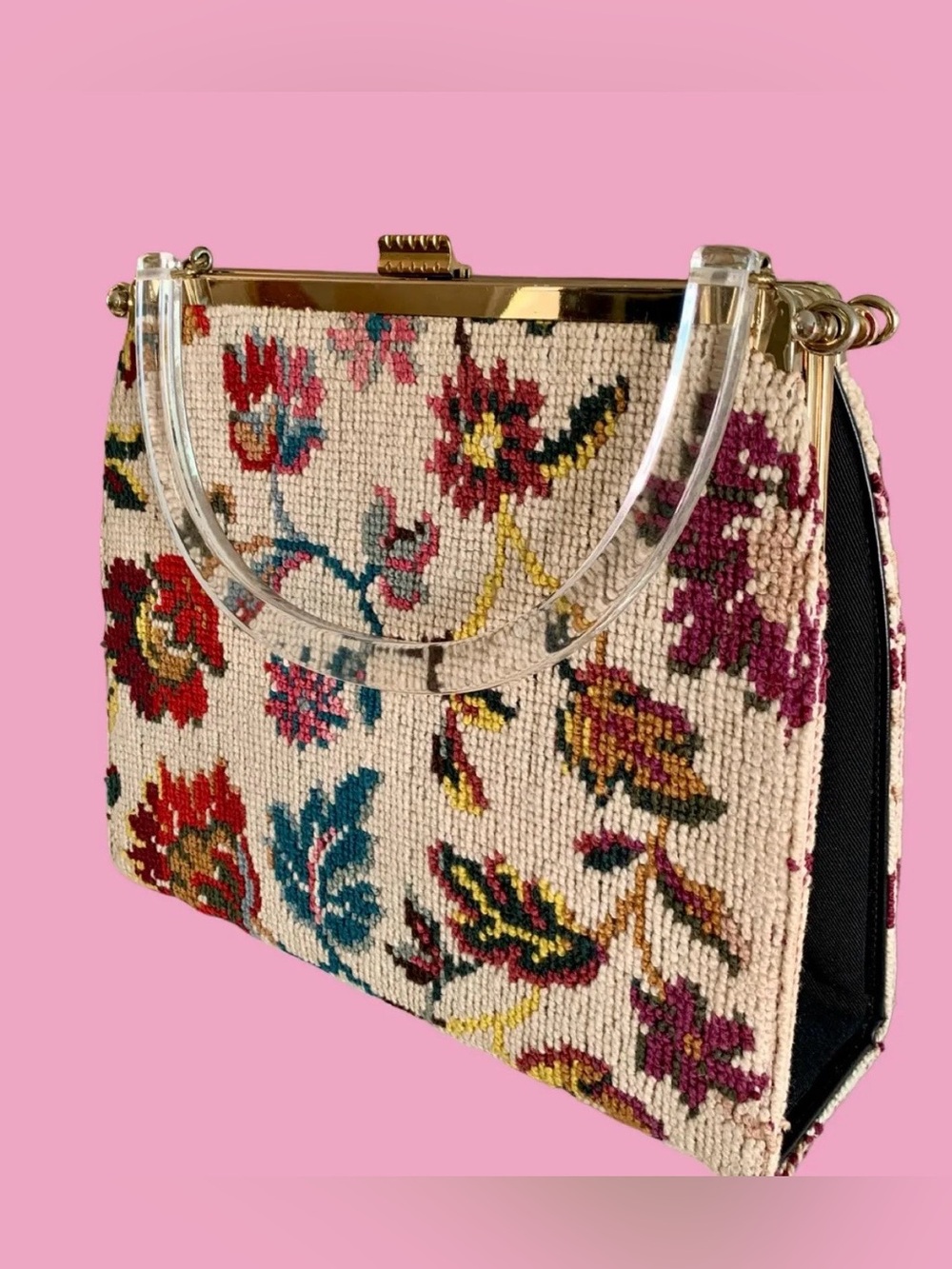 VTG 3-in-1 Tapestry Embroidered Florals Handbag Lucite Handle Kiss Lock